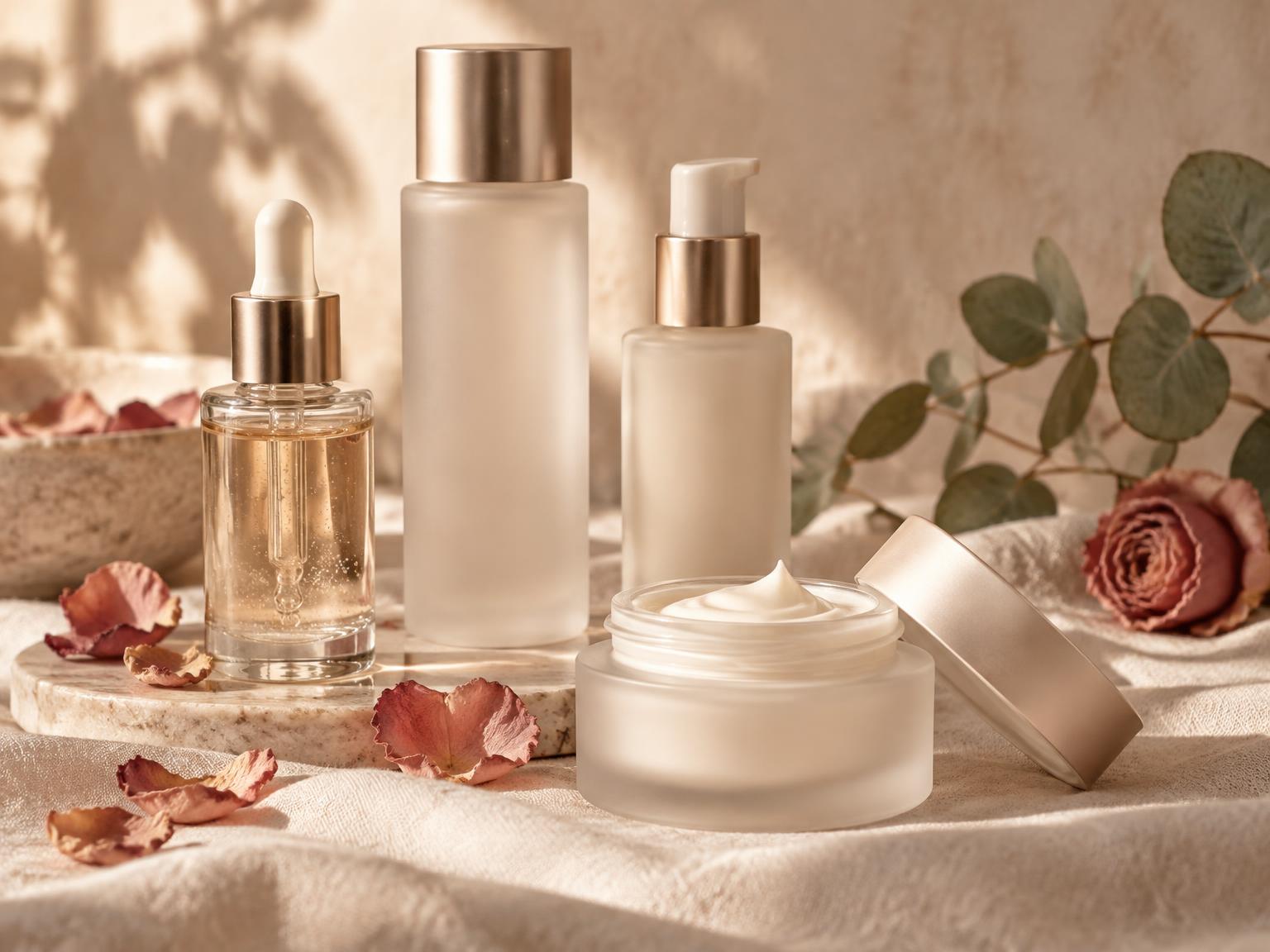 Mydees Skincare products arranged on cream linen